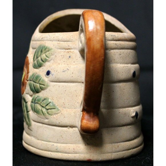 Pottery Watering Can Planter Small Beige Tan Clay Floral Green Glaze Accents - Picture 6 of 9